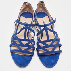 Miu Miu Blue Suede Buckle Detail Strappy Flat Sandals Size 36.5 NWOT