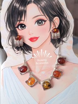 Sterling Silver 925 Necklace And Earrings with beautiful natural Amber stone.