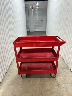 Vintage Red Metal 3 Tier Rolling Utility Tool Cart Garage Shop Industrial