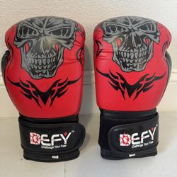 🥊 DEFY “Challenge Your Fear” Boxing Gloves – Red & Black Skull 12oz | Great Condition