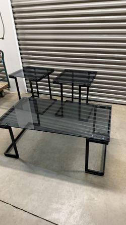 3 Piece Glass Coffee Table Set Black Metal Frame Modern Living Room