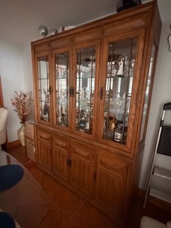 Large Oak China Cabinet with Glass Doors