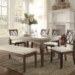 7 PC MARBLE TOP SALVAGE BROWN FINISH DINING TABLE SET-MESA SILLAS-JUEGO KITCHEN COCINA