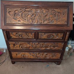Oriental Asian Carved Drop Leaf Secretary Desk Dresser