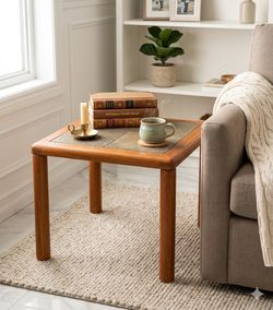 Vintage Mid-Century Danish Modern Teak & Slate Side Table (24x24)