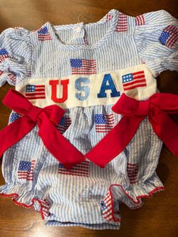 New Baby Girl 4th of July Striped Romper Letter Embroidery Flag Print Doll Collar smocked bubble Jumpsuit size 0-3 months