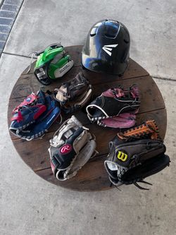 6 kids/youth Baseball Gloves and helmet  $40