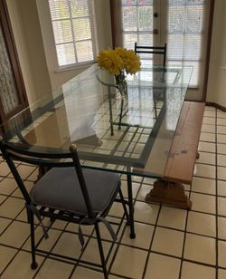 Glass Dining Table with 2 Chairs and 2 Cute Wood Benches