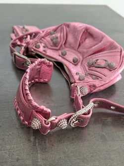 BALENCIAGA XS LE CAGOLE rhinestone metallic pink leather shoulder bag