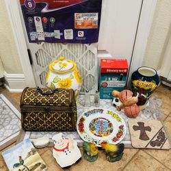 Lot of Misc Stuff - Wicker Chest - Filters - Roosters S&P Shakers - Jars - Art Figurines $10 for all 