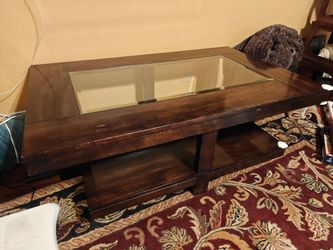 Dark Brown Wooden Coffee Table with Glass Top & Storage Shelf