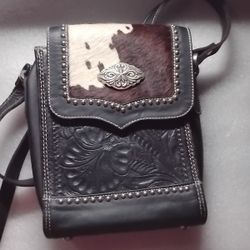 American West Pony Hair On Tooled Black Leather Grab And Go Crossbody Concho Bag 