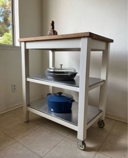 IKEA Stenstorp Kitchen Trolley Solid Oak Island Table with Wheels White Stainless Steel Shelving