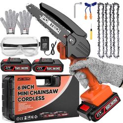 Mini Chainsaw Cordless 6-Inch with 2 Batteries & Security Lock, Small Portable Handheld Electric Power Chain Saw for Gardening, Wood Cutting and Tree 