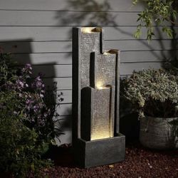 FF2010 39" Modern Water Fountain Outdoor – Tiered Grey Rectangle Outdoor Waterfall Fountain with LED
