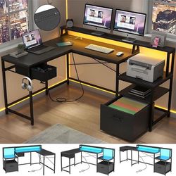 Computer Gaming Desk with File Cabinet & Power Outlet 