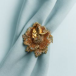JJ Fantasia  2000s Gold Brown Aurora Borealis Crystal Flower Brooch, 2x2.75”