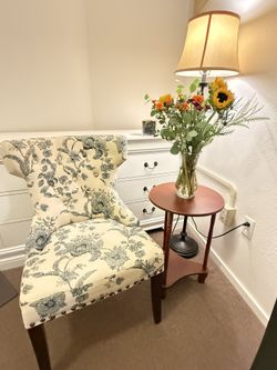 Blue Floral Toile Wingback Accent Chair with Nailhead Trim
