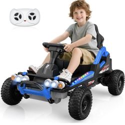 24V Ride On Toy for Big Kids—EVA Tires, Rainbow Lights, Max 5Mph, Metal Frame, Remote Control, Electric Car for Kids Ages 3-8, Blue