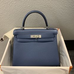Hermes Kelly Handbag Bleu De Prusse Togo with Palladium Hardware 25 Blue