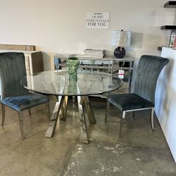 Dining Table Set Chairs for Kitchen or Waiting Area in Gray & Silver with Glass Top — WAREHOUSE SALE