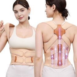 Posture Corrector for Women and Men, Full Back Support Brace, Beige, Small 5X Enhanced Support Rods, Armpit-Friendly, Breathable Mesh, Relief for Uppe