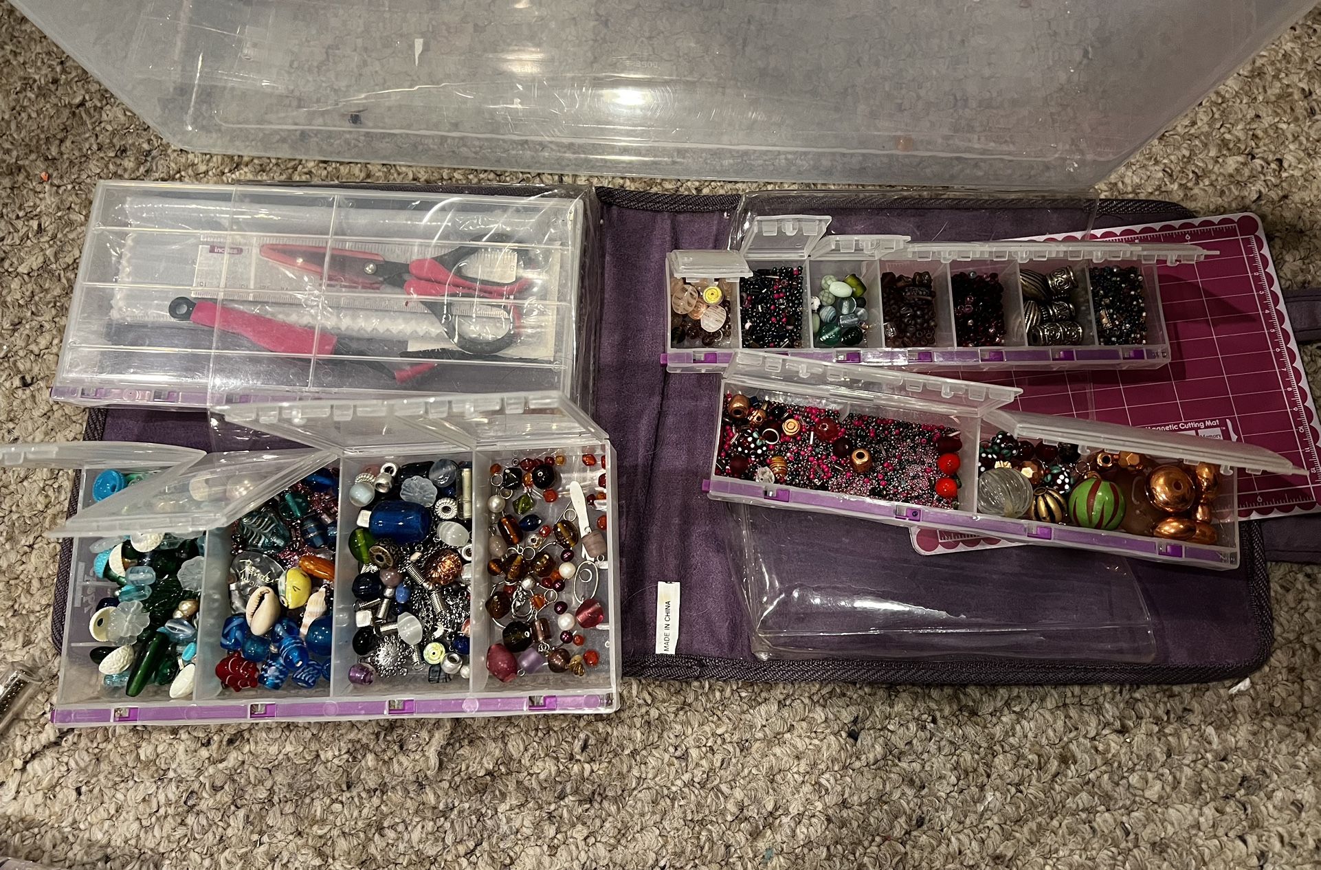 Random lot of various jewelry making beads glass plastic or metal see pics & some new w/ purple suede craft mates holder