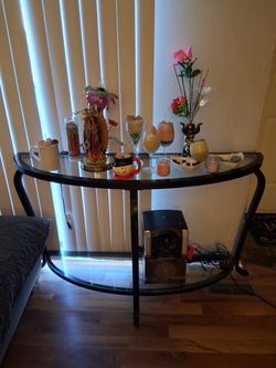 Black Metal Glass-Top Half Moon Console Table