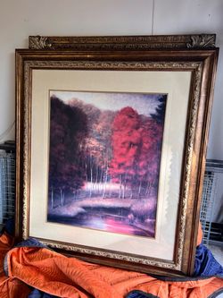 Large Framed Autumn Forest Landscape Art