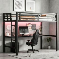 Black Twin XL Metal Loft Bed with Ladder & Guardrails #177
