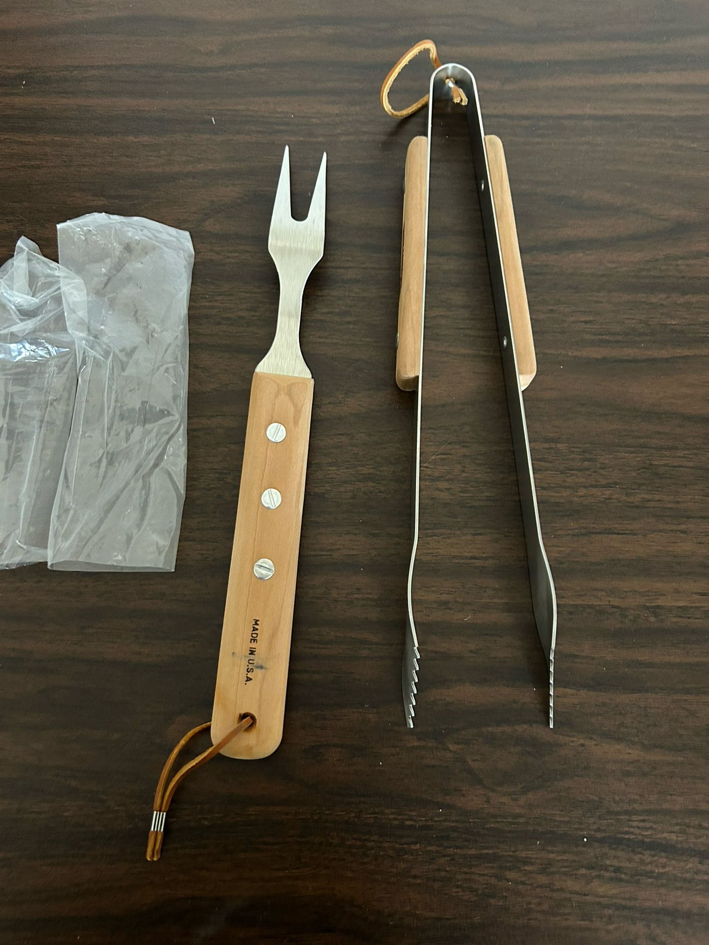 Bbq Wood Stainless Steel Tongs 15” And Fork 14” Set Heavy Duty New Logo