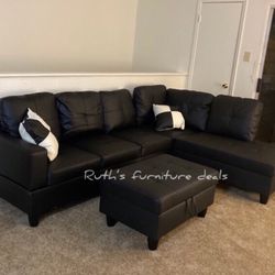 Black Sectional Sofa With Storage Ottoman Brand New 