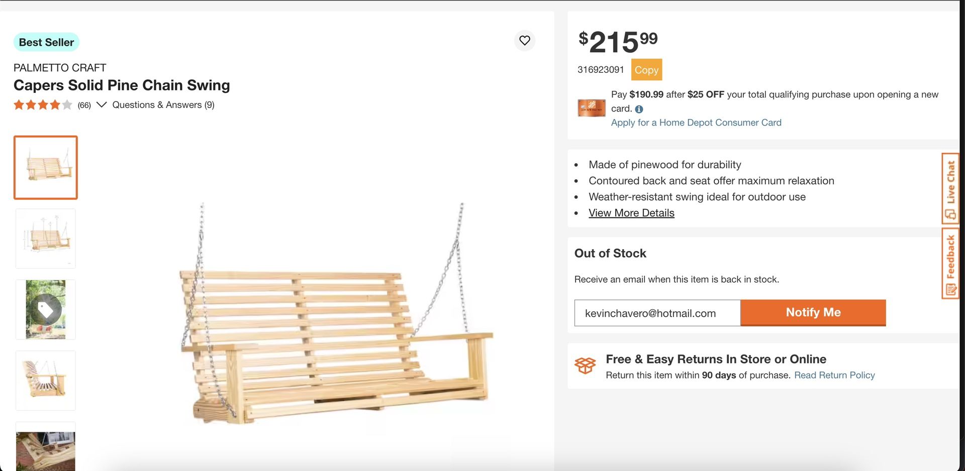 PALMETTO CRAFT Capers Solid Pine Wooden Chain Swing