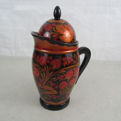 VTG 1970's Russian Khokhloma Hand Painted Lacquered Wood Pitcher


