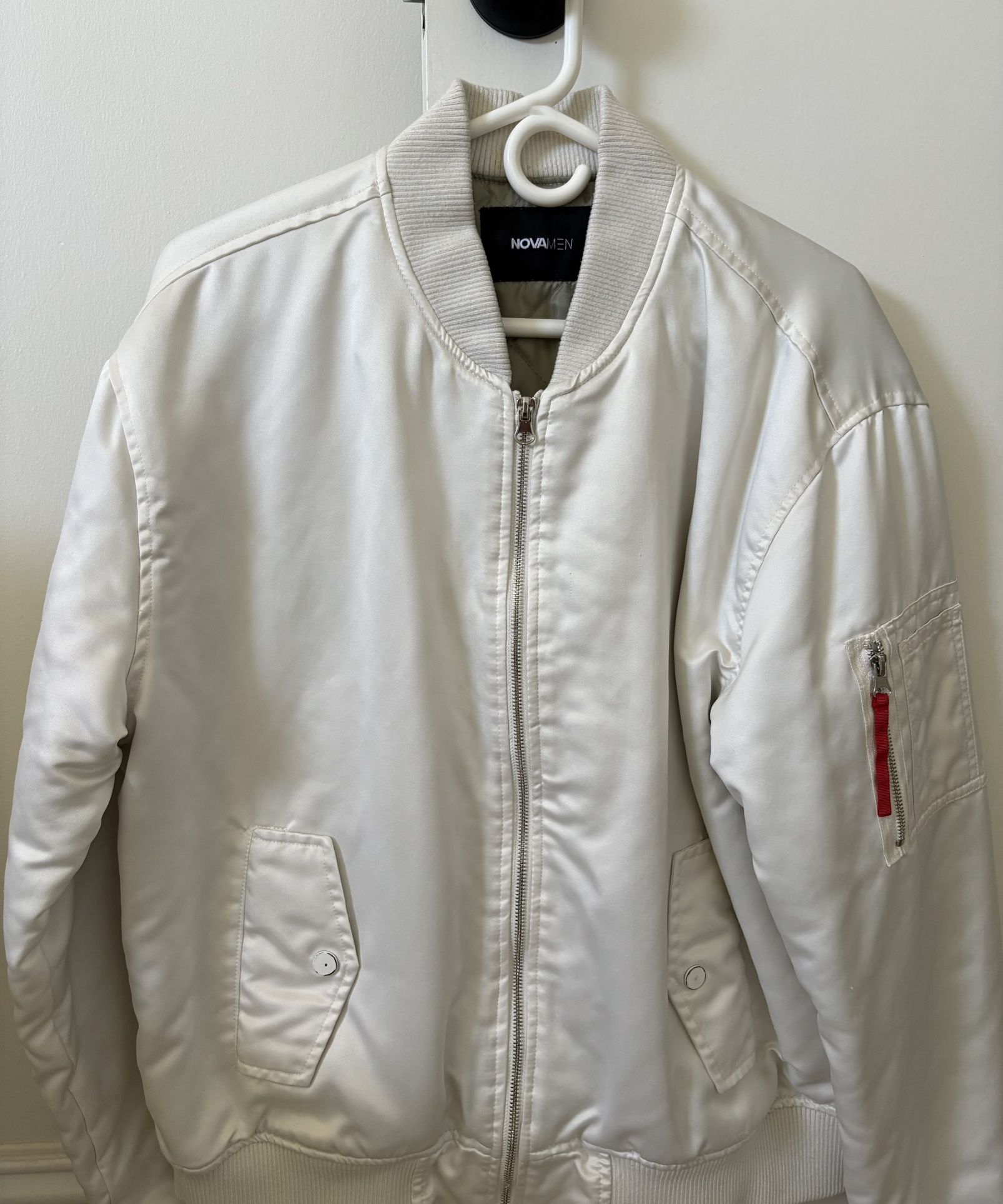 Men’s Fashion Nova Chaos Military Bomber Jacket – White (Size Medium)