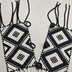 Handmade Beaded Necklace Black White Geometric Tribal Long Fringe
