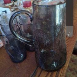 $49 Dimpled Pinched Pitcher and Glasses Set of 9. Purple Tinge, All in Perfect Condition 