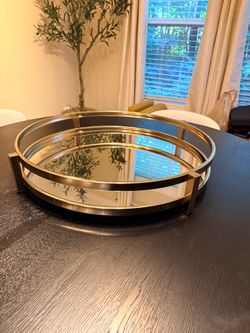 Round Mirrored Decorative Tray Gold Metal Frame