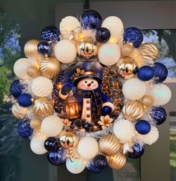 Handmade Christmas Snowman Wreath with LED Fairy Lights