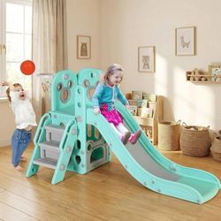 6 in 1 Toddler Slide, Kids Sturdy Slide with Basketball Hoop and Telescope, Non-