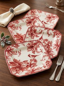 Red Toile Floral Ceramic Dinner Plates Set of 4