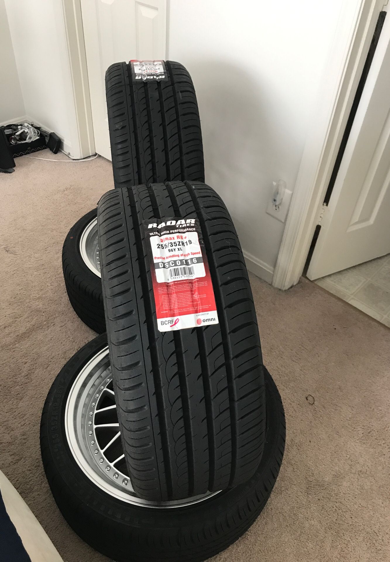 4 brand new tires with ESR Rims and spacers and stems. Size 255-35ZR-19... Star bolt pattern