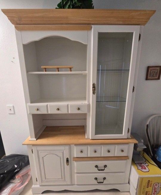 White With Brown Wood Trim Kitchen Hutch