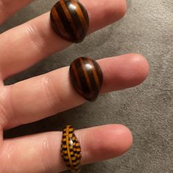 3 Vintage hand carved wooden rings