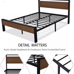Queen Metal Platform Bed with Walnut Finish Wood Panel Headboard Footboard
