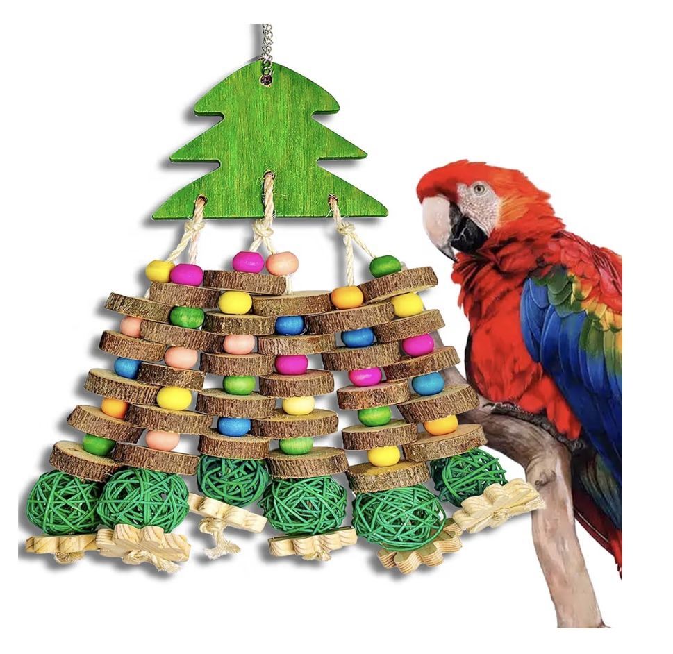 Brand New Parrot Toys, Large Bird Parrot Chewing Toys for Medium-Sized Macaws, Natural Wooden Blocks Christmas Tree Shape, African Grey Parrots
