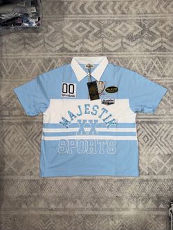 Majestic Athletic blue and white horizontal striped polo shirt  Size L