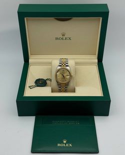 1987 Rolex Oyster Perpetual Date 15053 34mm 18k yellow gold & stainless steel jubilee bracelet factory champagne dial 18k bezel watch box tag appraisa