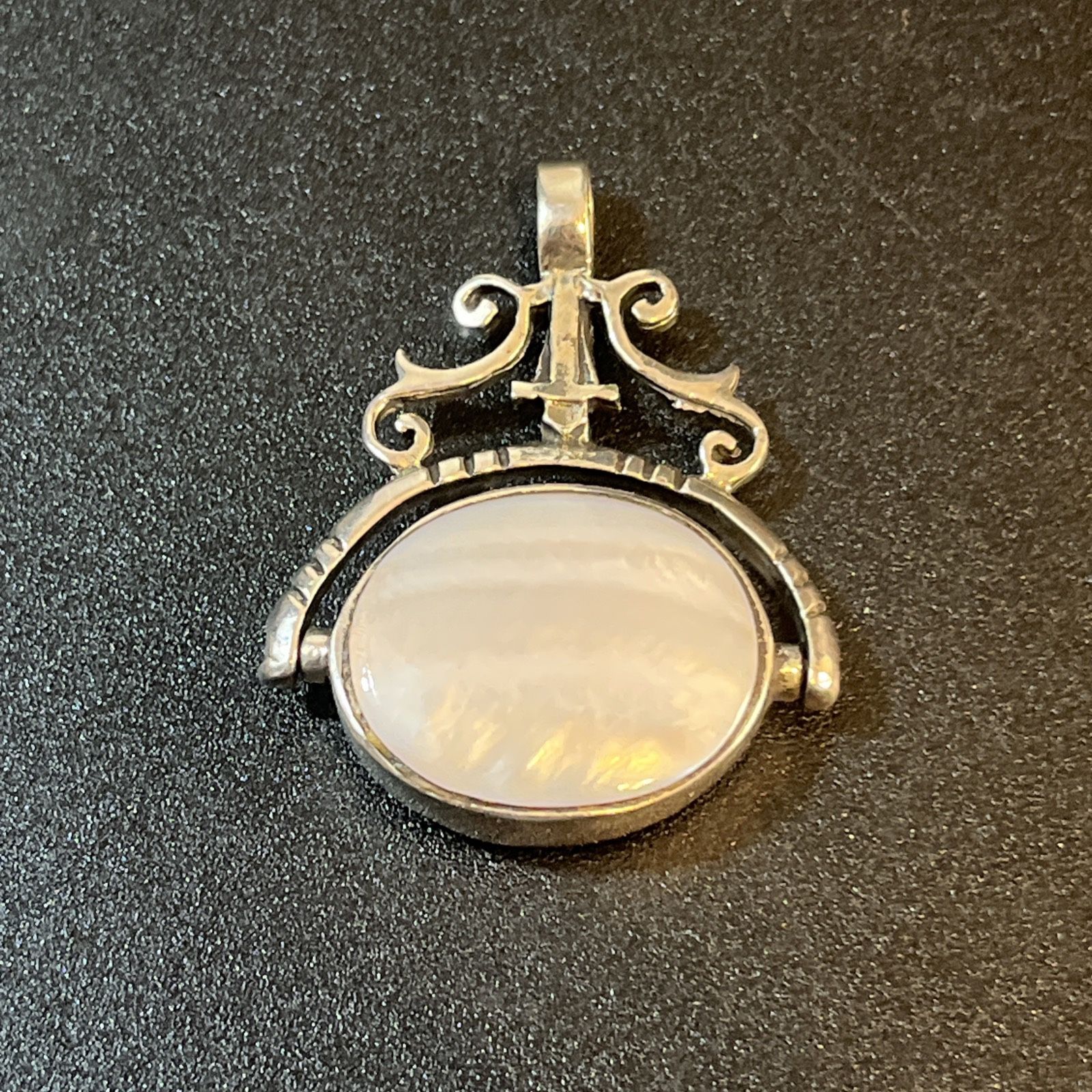 Vtg Sterling Silver 925 Onyx Black Mother of Pearl Swivel Pendant Reversible