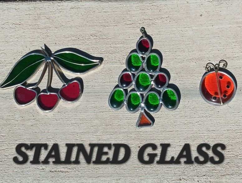 Vintage Retro Stained Glass Christmas Tree Sun Catchers Ornaments 1980s Rare.